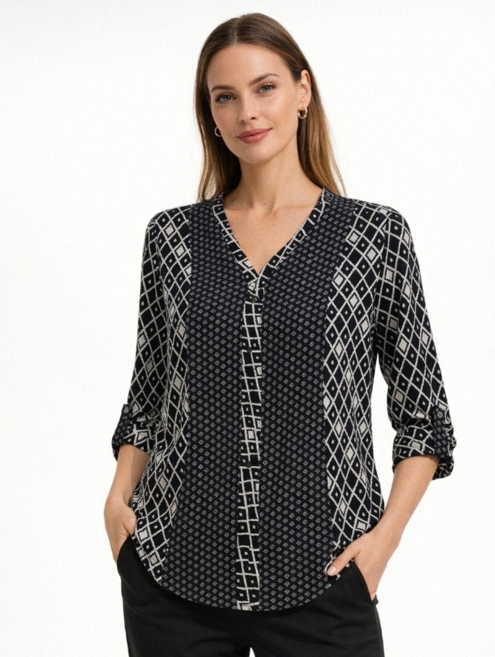 Notations Black White V-Neck Blouse Roll Up Sleeve Large